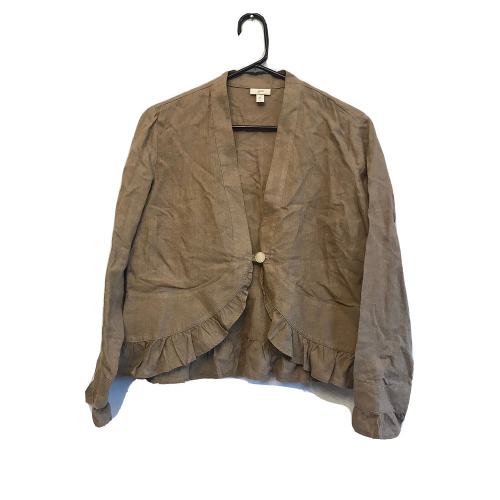 J Jill Flax Linen Jacket Sz Petite M Brown Ruffle Trim Long Sleeve Lagenlook